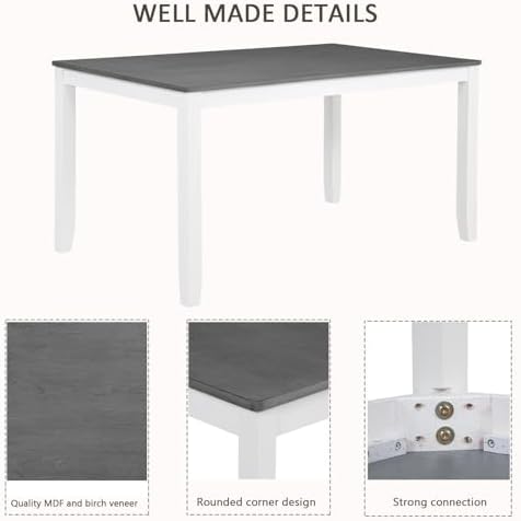 Harper & Bright Designs 6-Piece Wooden Dining Set for 6,Kitchen Furniture Set with Cross Back 4 Dining Chairs and Bench,White+Gray - Image 4