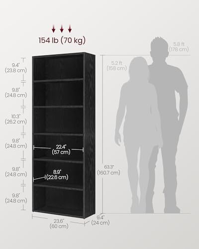 VASAGLE Bookshelf, 23.6 Inches Wide, 6-Tier Open Bookcase with Adjustable Storage Shelves, Floor Standing Unit, Ebony Black ULBC166T56 - Image 3