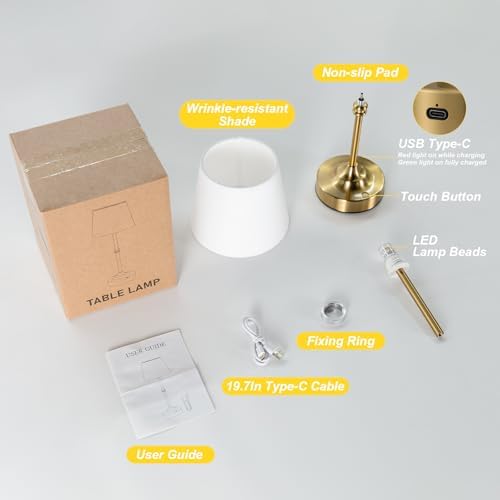 Kakanuo Cordless Table Lamp, Rechargeable Battery Operated, Brass, 1 Pack - Image 5