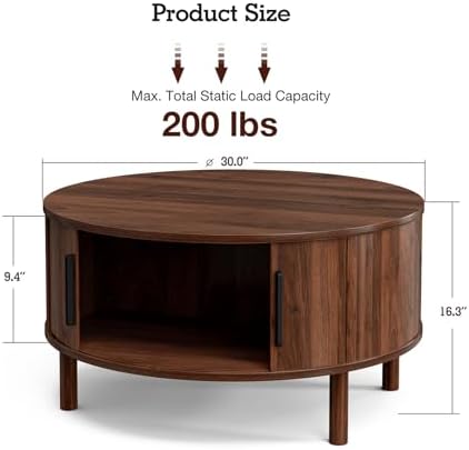 ZttRiee Round Coffee Table with Sliding Doors, Mid-Century, Walnut - Image 2