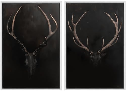 SIGNWIN Framed Canvas Print Wall Art Rustic Antler Skull Dark Dramatic Black Vintage-Inspired Deer and Elk Antlers Illustrations Decorative for Living Room, Bedroom, Office - 16"" x24 x2 White by SIGNWIN