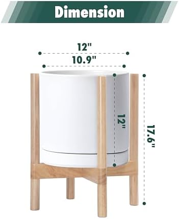 D'vine Dev Ceramic Pot with Natural Wood Stand, White, 12 in, 55-B-J-1 - Image 3