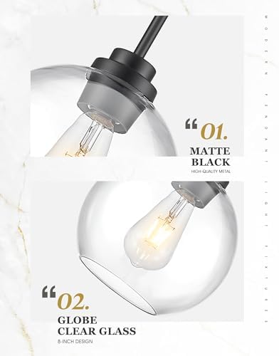 2 Pack Pendant Lights Kitchen Island, 8" Black Pendant Light Fixtures with Globe Clear Glass Shade, Modern Kitchen Island Lighting for Bathroom, AD-22280-2PL-BK - Image 5