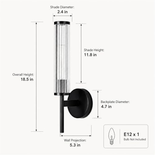 LIGHTLAND Black Wall Sconce, Metal Glass Wall Light, 18.5 Inch, Pack of 1 - Image 3