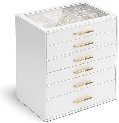 VLANDO 6 Layer Jewelry Box for Women, Glass Lid Jewelry Organizer with 6 Drawers for Necklaces Rings Earrings Bracelets - White by VLANDO