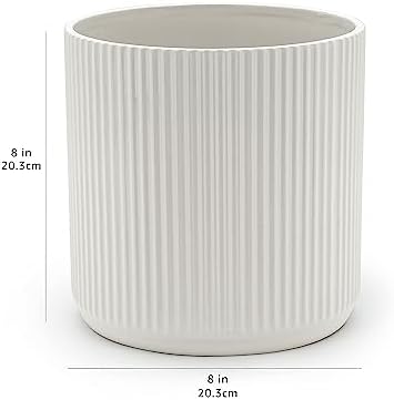 Amazon Basics Fluted Ceramic Planter Pot for Indoor Outdoor Plants, Round Flower Pot with Drainage Hole, 8-inch, White - Image 5