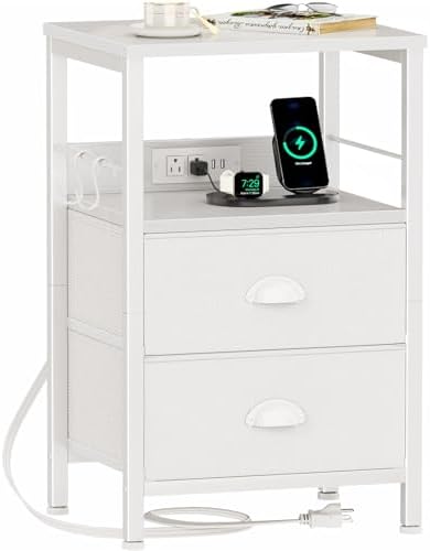 Furologee End Table with Charging Station, Nightstand with Fabric Drawers, Side Tables with USB Ports & Outlets, Night Stand with Storage Shelf & Hooks, for Living Room/Bedroom, White by Furologee