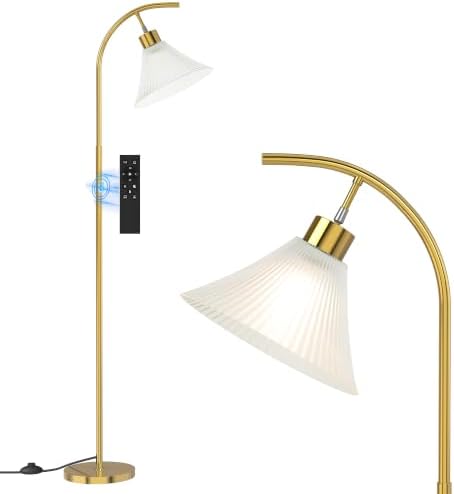 SIBRILLE Gold Floor Lamp with Remote, Dimmable Glass Arc Standing Lamp, Ribbed Frosted Glass Shade, 3 Color Temperatures, Foot Switch, 9W LED Bulb for Living Room Bedroom Office by SIBRILLE