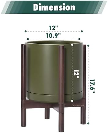D'vine Dev Ceramic Pot with Walnut Wood Stand, Olive, 12 in, 55-B-W-J - Image 3