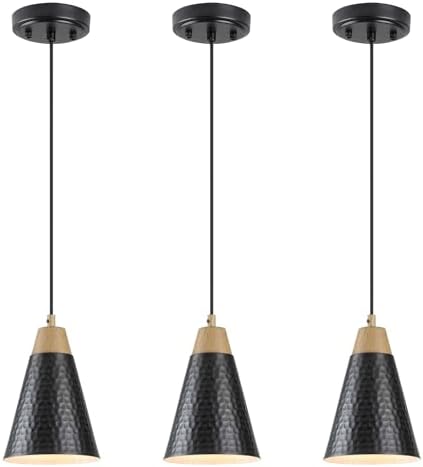 Dijiahua Black Kitchen Pendant Lighting Over Island 3 Pack,Small Modern Farmhouse Chandeliers with Hammered Metal Cone Shade,Mini Industrial Adjustable Cord Hanging Ceiling Lamp Fixtures Over Sink by DIJIAHUA