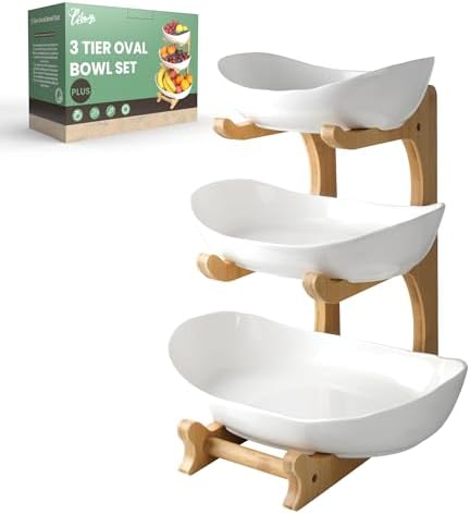 Seven Sparta 3 Tier Fruit Bowl for Kitchen Counter (PLUS Series) / Ceramic Serving Bowls with Bamboo Stand/Big Size Tiered Fruit Basket for Fruit Vegetable Storage, Dessert, Salad Buffet Server by SevenSparta