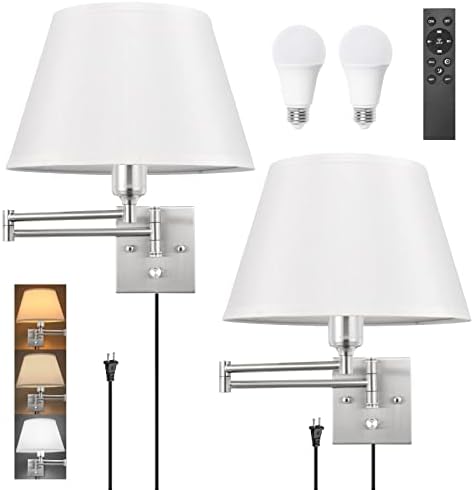 TRLIFE Dimmable Wall Sconce with Remote Control, Adjustable Color Temperature 2700K-6500K and Dimming 10-100% Swing Arm Wall Lights with Plug in Cord, 11.8" Large White Fabric Shade(2 Pack, 2 Bulbs) by TRLIFE