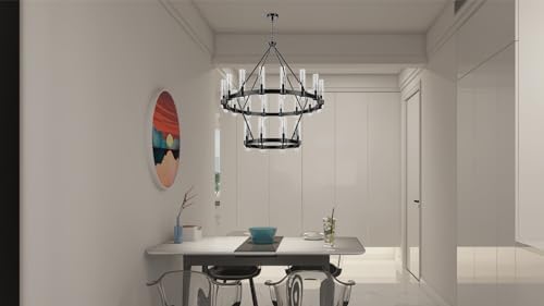 48 Inch Black Wagon Wheel Chandelier 2 Tier with Glass Shade, 24 Lights, Modern Farmhouse Style, Ideal for Dining Room, Kitchen, Entryways - Image 3
