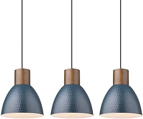 ELYONA 3 Pack Hammered Pendant Lights 7” Small Metal Solid Wood Hanging Light Fixtures Adjustable Height Industrial Pendant Lighting for Kitchen Island Dining Room Bedroom Bar Office, Modern Blue by ELYONA