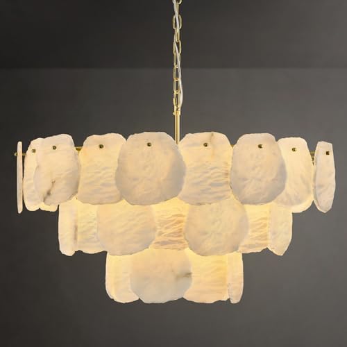 32″ Alabaster Chandelier, 16-Light Marble Round Chandelier, Modern Dining Room Chandeliers, 3 Tiers White & Brass Alabaster Chandeliers for Living Room Bedroom Bathroom Kitchen Foyer by Sucelating