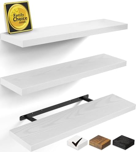 BAYKA Floating Shelves for Wall, 36 inches Wall Mounted Rustic Wood Shelves for Bathroom, Bedroom, Living Room, for Storage/Decor with 30lbs Capacity（White,Set of 3 by Bayka