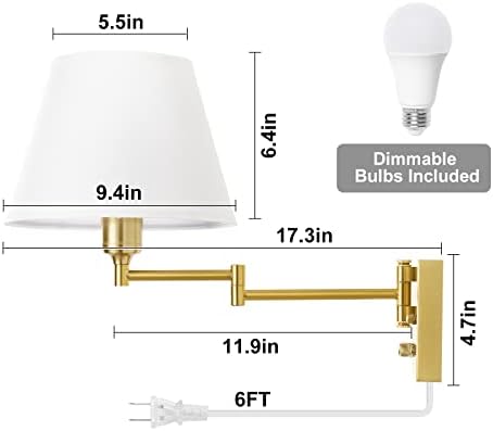 TRLIFE Dimmable Wall Sconce, Remote Control Dimming 10-100% and Adjustable Color Temperature 2700K-6500K Brushed Brass Swing Arm Wall Lights with Plug in Cord, 9.4" Medium White Shade(2 Pack, 2 Bulbs) - Image 6