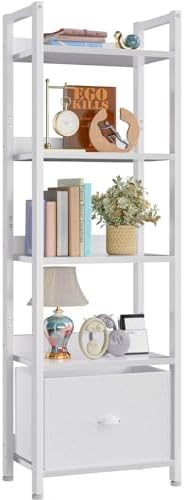 Furologee 5 Tier Bookshelf with Drawer, Tall Narrow Bookcase with Shelves, Wood and Metal Book Shelf Storage Organizer, Modern Display Standing Shelf Unit for Bedroom, Living Room, Office, White by Furologee