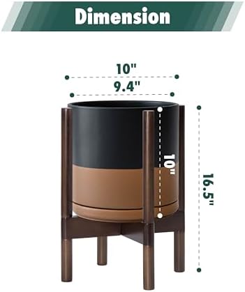 D'vine Dev Ceramic Pot with Walnut Wood Stand, Black/Tan, 10 in, 55-B-X-7 - Image 3