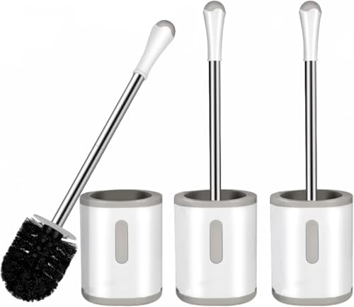 Toilet Brush and Holder Set, 3 Pack with Stainless Steel Handle Toilet Bowl Brush, Compact Toilet Scrubber Brush for Deep Cleaning Bathroom Restroom, Easy to Assemble White & Gray by AONEZ