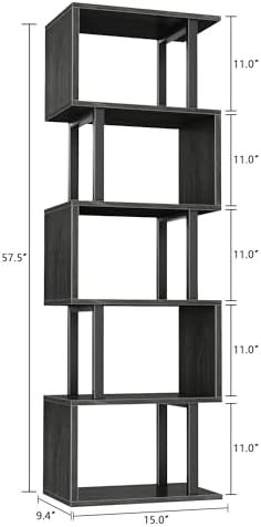 Furologee 6 Tier Bookshelf, S Shaped Geometric Bookcase, Black Oak - Image 3