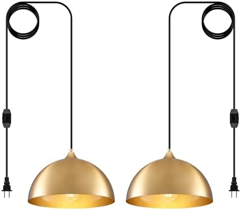 Plug in Hanging Light 2 Packs 11.8inch, Gold Hang Lamp Plug in, Farmhouse Pendant Light, Pendant Lights Kitchen Island, Hanging Lights with Plug in Cord 14.ft by SESIMENTLogoGoboProjector