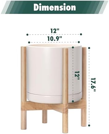 D'vine Dev Ceramic Pot with Natural Wood Stand, Oatmeal, 12 in, 55-B-J-8 - Image 3