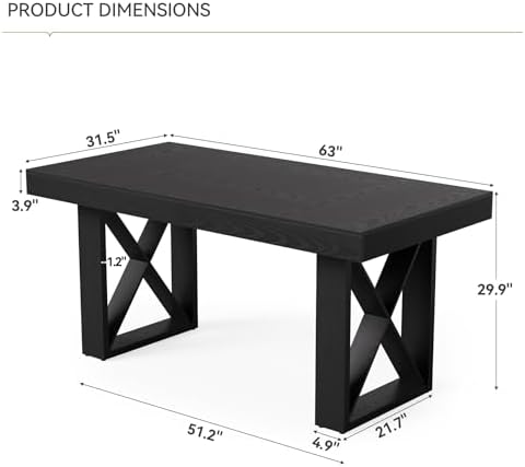 LITTLE TREE Dining Table for 4 People, 63-Inch Farmhouse Rectangle Kitchen Dinner Table for Dining Room, Kitchen, Living Room, Black - Image 2