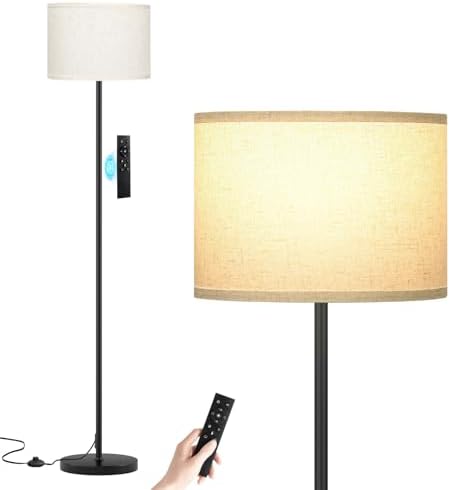 Ambimall 60'' Modern Floor Lamp with Remote, Tall Lamps for Living Room, Bedroom, Office, Dining Room, Beige Shade with Black Pole(Included Bulb) by Ambimall