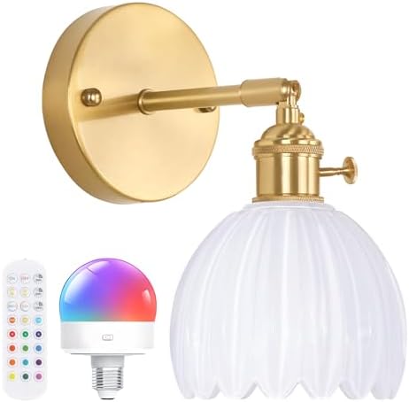 Shenmoyl Vintage Battery Operated Wall Sconce with White Tulip Glass Lampshade Rechargeable Battery Powered Wall Light with Remote Control for Bedside Bedroom Doorway by Shenmoyl