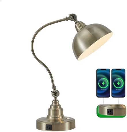Dimmable Touch Control Antique Brass Desk Lamp with Swing Arm Charging Port by Fetason