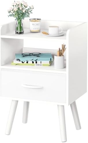Yoobure Modern Nightstand with Drawer, Bedside Tables, Mid Century Nightstands with Open Storage Shelf, Wood Bedside Table, Small Night Stands for Bedrooms, 2-Tier Night Table by Yoobure