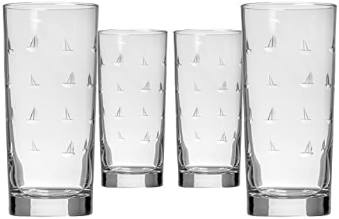 Rolf Glass Sailing Highball Glass 15 ounce | Set of 4 Cooler Glasses | Diamond-Wheel Engraved, Lead-Free Drinking Glass with Heavy Base | Made in the USA by RolfGlass