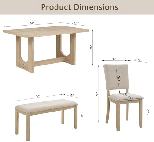 LUMISOL 6-Piece Dining Table Set with Bench, Rectangular Kitchen Table Set with U-Shaped Base, 4 Upholstered Chairs and Bench for Kitchen, Dining Room, Light Oak & Beige - Image 2