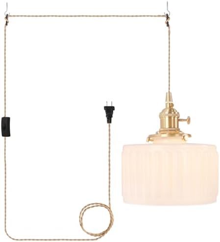 Shenmoyl Plug in Pendant Light Hanging Light Fixtures with Plugin Cord On/Off Switch,White Striped Glass Lampshade Brass Pendant Light by Shenmoyl