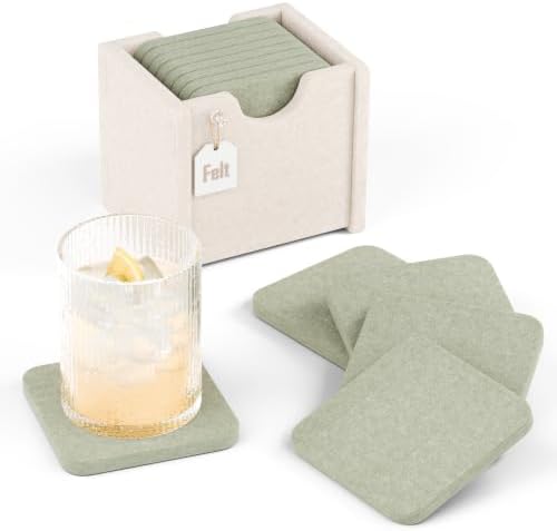 Fluxynara Felt Coasters with Holder, Set of 8 for Drinks, Sage by FLUXYNARA