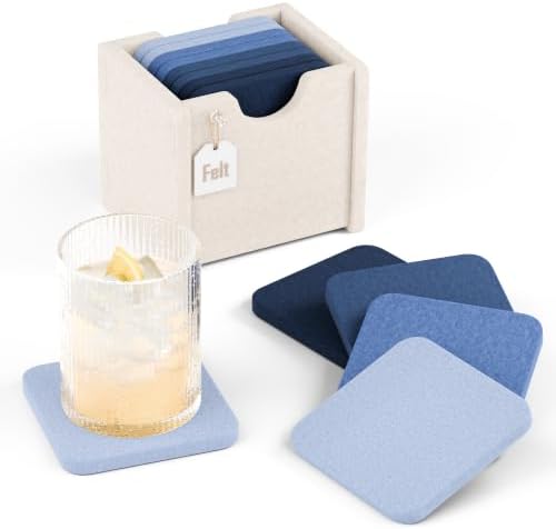 Fluxynara Felt Coasters with Holder, Set of 8 for Drinks, Denim Mist by FLUXYNARA