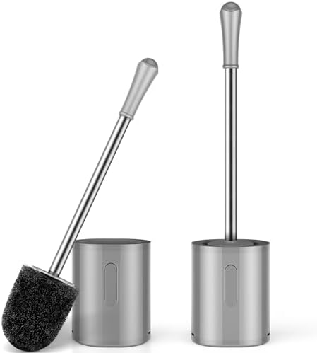 Toilet Brush and Holder Set, 2 Pack with Stainless Steel Handle Toilet Bowl Brush, Compact Toilet Scrubber Brush for Deep Cleaning Bathroom Restroom, Easy to Assemble-Grey by AONEZ
