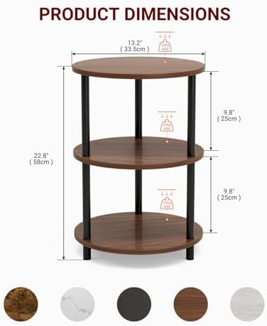 XBurmo Small Round End Table - 3 Tier Design Accent Table, Narrow Side or Bedside Stand, Industrial Vintage Nightstand for Bedroom, Living Room, or Small Spaces, Set of 2, Rustic Walnut - Image 3