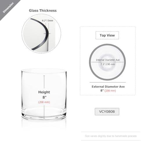 WGVI Thick Weighted Clear Right Cylinder Glass Vases, 8" W x 8" H, Equilateral Cylinder Glass Candle Holders Flower Arrangement Centerpieces Tabletop Storage Container Home Decor, 1 Piece - Image 2