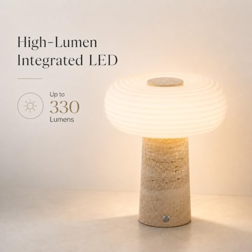 Nebula Travertine Cordless Table Lamp, Rechargeable Lamp with 5200mAh Battery, 3- Way Dimmable, Natural Marble Base, Ribbed Glass Shade, for Bedroom Living Room Office - Image 5