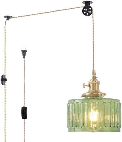Shenmoyl Plug in Pendant Light Hanging Light Fixture Corded On/Off Switch Brass Pendant Light with Green Striped Glass Lampshade for Bedroom Living Room Kitchen Island by Shenmoyl
