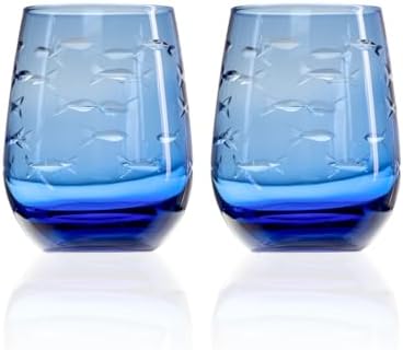 Rolf Glass School of Fish Blue Stemless Wine Glass | Set of 2 Stemless Glasses | 15oz Limited Edition Blue Glass Tumblers | Engraved Lead-Free Coastal Glassware | Made in the USA by RolfGlass