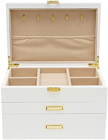 3 Layers Jewelry Storage Box with 2 Drawers, Large Wooden Jewelry Box for Women and Girls Necklace Ring Watch Organizer, White by WANLECY