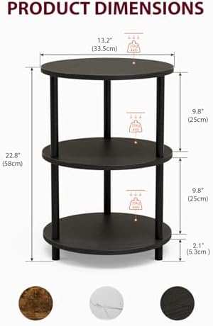 XBurmo Small Round End Table - 3 Tier Design Accent Table, Narrow Side or Bedside Stand, Industrial Vintage Nightstand for Bedroom, Living Room, or Small Spaces, Set of 2, Charcoal Wenge - Image 3