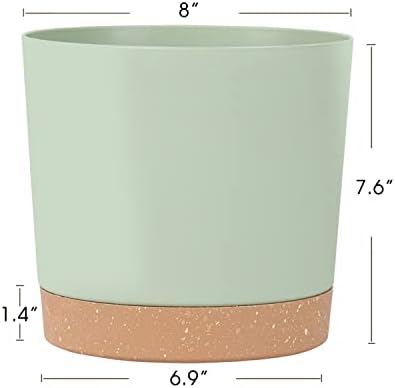 kubvici 8'' Plastic Flower Planter Pots Set of 2 Indoor Outdoor Planters with Drainage Saucer for Garden Home (Green & White, 8 inch) - Image 3