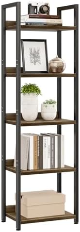 NUMENN Narrow Bookshelf, 5 Tier Freestanding Shelving Unit, Dark Walnut by NUMENN