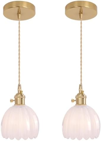 Shenmoyl Pendant Light 2 Pack with White Tulip Glass Lmapshade, Brass Vintage Pendant Light Adjustable Hanging Light for Kitchen Island Dining Room Hallway by Shenmoyl