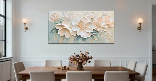Anolyfi Large White Floral Canvas Wall Art for Living Room Bedroom 48"x24" - Image 6