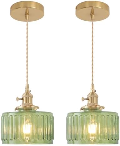 Shenmoyl Pendant Light 2 Pack with Green Striped Glass Lmapshade, Brass Vintage Pendant Light Adjustable Hanging Light for Kitchen Island Dining Room Hallway by Shenmoyl